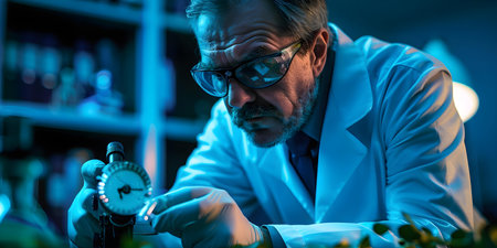 Forensic Science Investigator in Lab Coat Analyzing Evidence at Crime Scene. Concept Forensic Science, Investigator, Lab Coat, Analyzing Evidence, Crime Sceneの素材