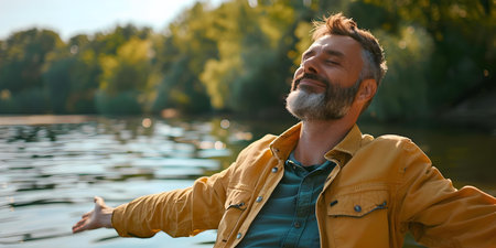Embracing Nature: Middle-aged Man Radiates Joy in Serene Park by Lake. Concept Nature, Joy, Serene, Lake, Middle-aged Manの素材