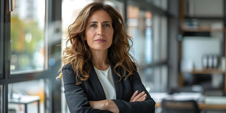 Confident and Successful Middle-aged Latina CEO Contemplates Future in the Office. Concept Professional Portrait, Business Woman, Career Success, Latina Executive, Future Planningの素材