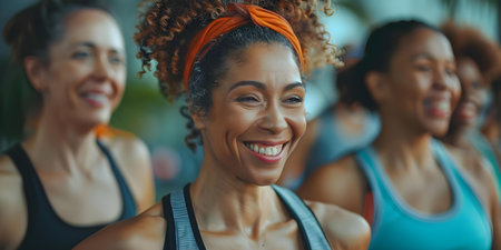 Women of all ages enjoy postworkout laughs, fostering friendships and promoting wellness. Concept Friendship, Wellness, Laughter, Women, Postworkoutの素材