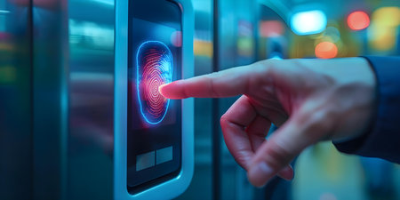 Implementing a digital fingerprint scanner for enhanced biometric identity verification security. Concept Biometric Authentication, Fingerprint Recognition, Security Implementationの素材