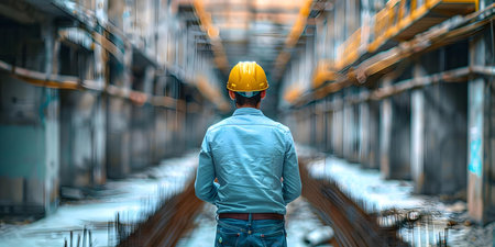 A young civil engineer in a helmet examining a construction site. Concept Construction site inspection, Civil engineering, Protective gear, Work safety, Inspection processの素材