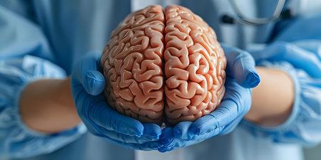 A neurologist examines a human brain symbolizing mental health diagnosis process. Concept Neurology, Mental Health, Diagnosis Process, Brain Examination, Medical Treatmentの素材