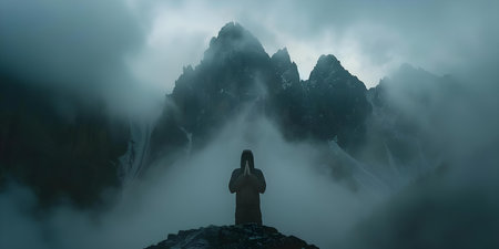 A man in prayer beneath a majestic mountain embodying strength and ambition. Concept Landscape Photography, Spiritual Connection, Inspirational Settings, Meditation and Reflection, Outdoor Portraitの素材