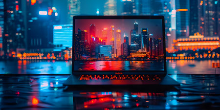 Laptop displaying news alert among city backdrop promoting instant notifications for users. Concept Technology, News Alerts, Cityscape, Instant Notifications, Laptop Displayの素材