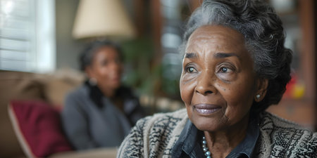 Elderly African American woman and adult reflecting on lasting family connections. Concept Family Bonds, Generations, Memories, Reflection, Heritageの素材