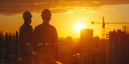 Engineers work at sunset ensuring safety at construction site in warm colors. Concept Construction site, Engineers, Sunset, Safety, Warm colorsの素材
