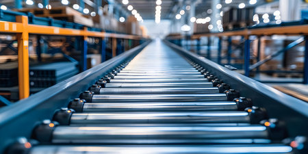 Streamlined Conveyor Belt Operations Enhancing Warehouse Efficiency for E-commerce Systems. Concept Warehouse Efficiency, E-commerce Systems, Conveyor Belt Operationsの素材