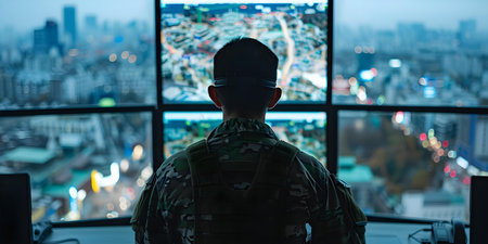 Monitoring City Activities: A Military Surveillance Officer's Role. Concept Military Surveillance, City Monitoring, Officer Responsibilities, Security Protocols, Surveillance Technologiesの素材