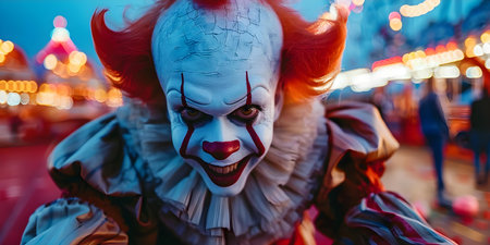 Scary carnival theme with a creepy clown at an amusement park. Concept Halloween Photoshoot, Creepy Clown, Amusement Park, Haunted Carnival, Spooky Atmosphereの素材