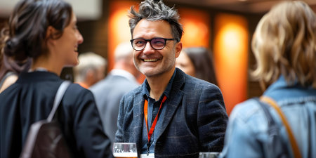 Business professionals socialize at conference exchanging ideas and networking over drinks. Concept Networking, Business Conferences, Professional Socializing, Idea Exchange, Drinks Networkingの素材