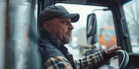 Truck driver at a logistic center getting ready for cargo shipment. Concept Truck Driver, Logistics Center, Cargo Shipment, Transportation Industry, Logistics Operationsの素材