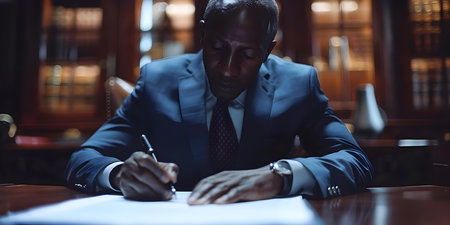 Defense attorney drafting legal strategy notes for clients courtroom testimony script. Concept Legal strategy, Testimony script, Defense attorney, Courtroom tactics, Client's caseの素材