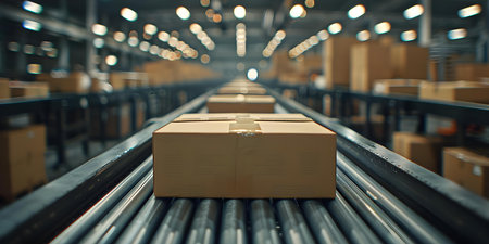 Numerous cardboard packages swiftly gliding on conveyor belt in warehouse operation. Concept Logistics Process, Cardboard Packaging, Warehouse Operation, Conveyor Belt, Efficient Movementの素材
