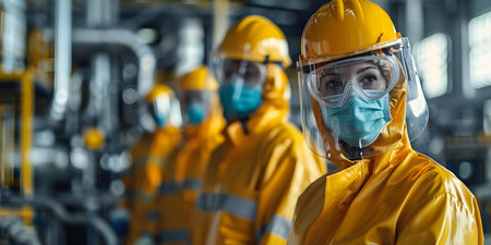 Working as a Team in a Hazardous Manufacturing Plant with Chemical Safety Gear Protection. Concept Chemical Safety Gear, Manufacturing Plant, Teamwork, Hazardous Environment, Industrial Safetyの素材