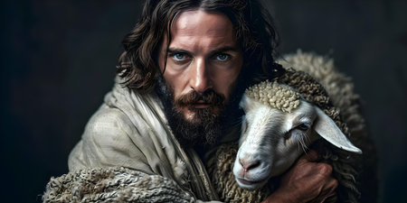 Symbolic illustration of Jesus rescuing a lost sheep representing redemption. Concept Biblical Art, Religious Symbolism, Redemption Theme, Jesus Rescuing Lost Sheepの素材