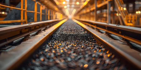Mineral transportation on a conveyor belt within industrial facility setting. Concept Mineral Transportation, Conveyor Belt Systems, Industrial Facility, Material Handling, Bulk Material Transportの素材