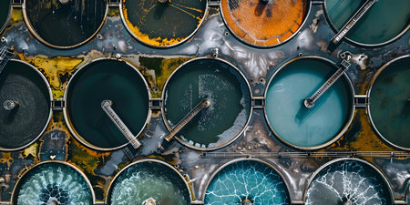 Wastewater treatment plant facility effectively cleans contaminated water by removing chemicals and purifying. Concept Water Pollution, Treatment Process, Purification Techniques, Chemical Removalの素材