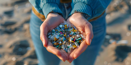 Hands holding microplastic waste on beach symbolizing the impact of water solution. Concept Environmental Awareness, Plastic Pollution, Ocean Conservation, Sustainable Living, Eco-Friendly Solutionsの素材
