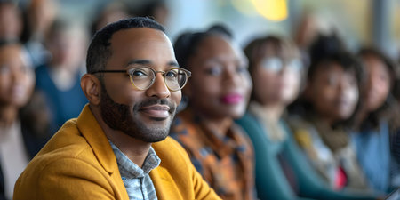 Speaker giving a presentation at a business seminar in a conference hall with diverse attendees. Concept Business Seminars, Conference Hall, Diverse Attendees, Speaker Presentingの素材