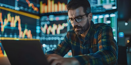 Analyzing financial charts and data on laptop in modern office. Concept Financial Analysis, Data Visualization, Office Environment, Technology in Business, Modern Workplaceの素材