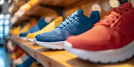 Display of fashionable athletic shoes in a contemporary boutique. Concept Athletic Shoes, Fashion Display, Contemporary Boutique, Trendy Footwearの素材