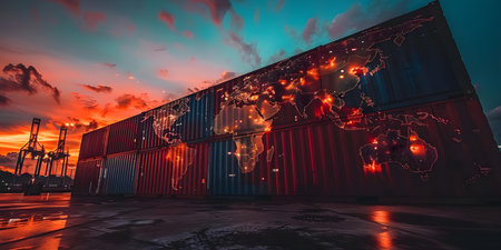 Interconnected Global Trade Network: Shipping Containers and Global Map at Sunset. Concept Global Trade, Shipping Containers, Connected Network, Global Map, Sunset Skyの素材