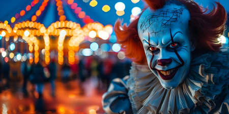 Terrifying Clown at a Spooky Carnival: A Funfair Concept. Concept Halloween Funfair, Evil Clown, Creepy Carnival, Scary Circus, Spooky Themeの素材
