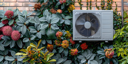 Efficient air source heat pump installed in ecofriendly residential property for heating. Concept Eco-friendly Heating, Air Source Heat Pump, Residential Property, Efficient HVAC Systemの素材