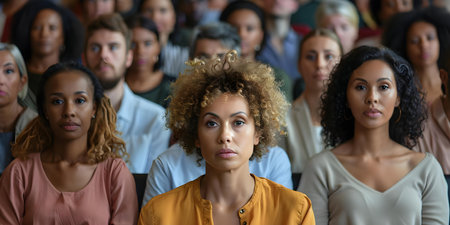 Diverse audience engaged in a professional business seminar participating in decisionmaking. Concept Business Seminar, Professional Networking, Decision Making, Diverse Audience, Engaged Participantsの素材