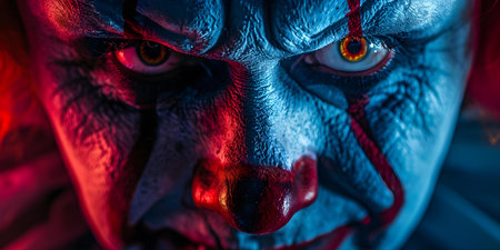 Vintage circus clown with eerie gaze evoking horror movie ambiance spooky aura. Concept Vintage Circus, Clown Character, Horror Ambiance, Eerie Gaze, Spooky Auraの素材