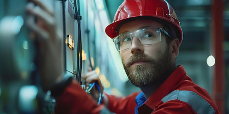 Inspecting Electrical Connections at Control Panel for Proper Voltage: An Electrician's Task. Concept Electrical Safety, Voltage Testing, Control Panel Inspection, Electrician Tasks, Wiring Analysisの素材