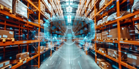 A modern warehouse efficient augmented reality technology for efficient logistics management. Concept Logistics Efficiency, Augmented Reality, Warehouse Innovation, Modern Technologyの素材