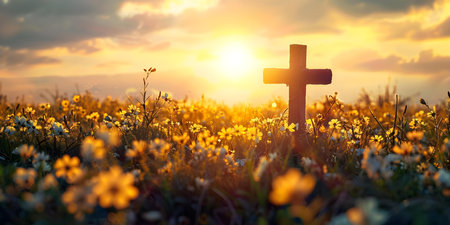 Concept of religious worship in a sunlit field on Ascension day. Concept Religious Worship, Sunlit Field, Ascension Day, Spiritual Connection, Divine Presenceの素材