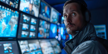 Man in uniform monitors video feeds in control room with multiple screens. Concept Security Monitoring, Surveillance Operations, Control Room Setup, Video Feed Analysis, Uniformed Personnelの素材