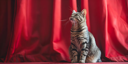 Cat sits elegantly on cozy room floor amidst red velvet curtains. Concept Pets, Photography, Home Decor, Cozy, Indoorの素材