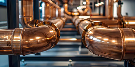 Industrial copper pipes in boiler room modern heating system background image. Concept Industrial, Copper Pipes, Boiler Room, Modern Heating System, Background Imageの素材