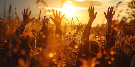 Hands Raised in Worship Under a Serene Autumn Sunset. Concept Worship, Autumn Sunset, Hands Raised, Serene Atmosphere, Outdoor Photoshootの素材