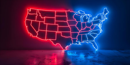 Neonlit USA map illustrates political polarization with red and blue outlines. Concept United States, Neons, Political Polarization, Red and Blue Outlines, Illustrationの素材
