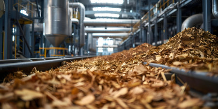 Turning agricultural forestry waste into clean energy source at biofuel plant. Concept Biofuel Production, Renewable Energy, Sustainable Practices, Agricultural Forestry Waste, Clean Energyの素材