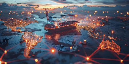 Global Trade Routes and Logistics Connections: A Journey Through Continents and Countries. Concept Global Trade, Logistics Connections, Shipping Routes, International Commerce, Supply Chainの素材