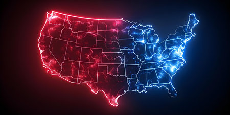Neonlit USA map symbolizes political polarization with red and blue outlines. Concept Political Division, Neon Map, USA Symbolism, Red vs Blue, Polarizationの素材