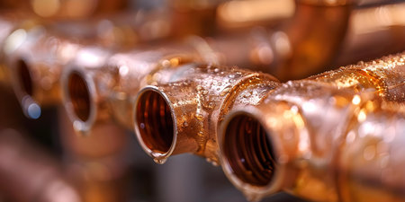 Professional plumber fixing copper pipes in industrial boiler room with heating system. Concept Plumbing Repair, Copper Pipes, Industrial Boiler Room, Heating System, Professional Plumberの素材