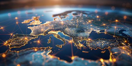 Global trade network depicted with interconnected lines on map of Europe and Asia. Concept Global Trade Network, Interconnected Lines, Europe, Asia, Economic Connectionsの素材