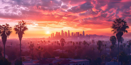 Creating an Urban Paradise: Rendering of Los Angeles Skyline at Sunrise with Palm Trees. Concept Architecture, Urban Design, Los Angeles, Sunrise, Palm Treesの素材