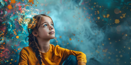 A young girl constructing her unique emotional world highlighting neurodiversity concept. Concept Neurodiversity, Emotional Expression, Unique Identity, Young Girl, Personal Growthの素材
