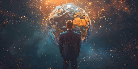 Abstract portrayal of businessman with digital globe symbolizing global freight network. Concept Business, Abstract Art, Global Trade, Technology, Freight Networkの素材