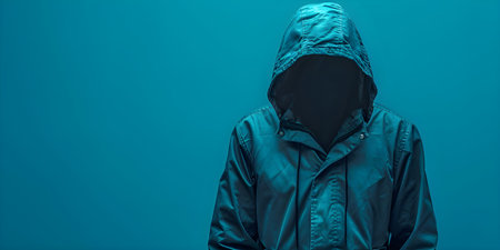 An eerie figure in a hood symbolizing cyber threat and anonymity. Concept Hacker Theme, Cyber Threat Symbolism, Eerie Figure Poseの素材