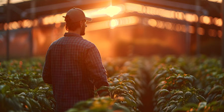 Agricultural expert with digital tools monitors crop production in high-tech farm. Concept Agricultural Technology, Crop Monitoring, High-Tech Farming, Digital Tools, Expertiseの素材