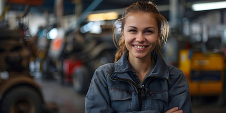 Smiling Female Mechanic Breaking Barriers in Garage Setting. Concept Female Empowerment, Mechanic Profession, Breaking Barriers, Smiling Portraits, Garage Settingの素材